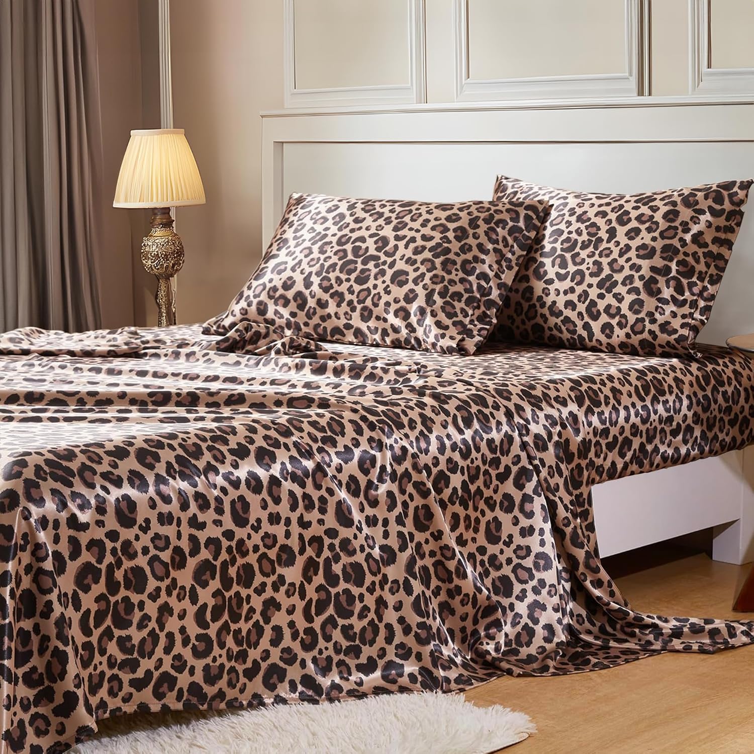 Satin Bed Sheets with Elastic Corner Straps, Queen Size Sheets Set, 4 Pcs Silky Bedding Set with 15 Inches Deep Pocket for Mattress (Queen, Brown Leopard)
