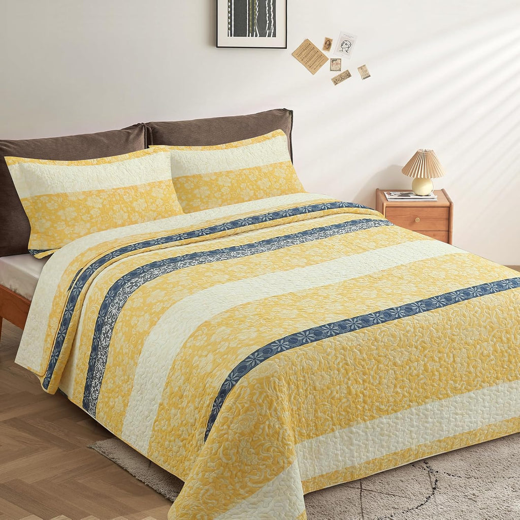 Quilt Set Queen Size - Queen Quilts Bedding Set, 100% Cotton Reversible Luxury Comforter Set, Farmhouse Floral Boho Striped Patchwork Bedspreads Set with Shams for All Season, Yellow