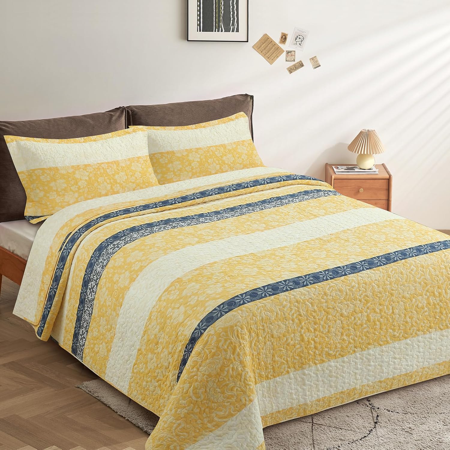 Quilt Set Queen Size - Queen Quilts Bedding Set, 100% Cotton Reversible Luxury Comforter Set, Farmhouse Floral Boho Striped Patchwork Bedspreads Set with Shams for All Season, Yellow