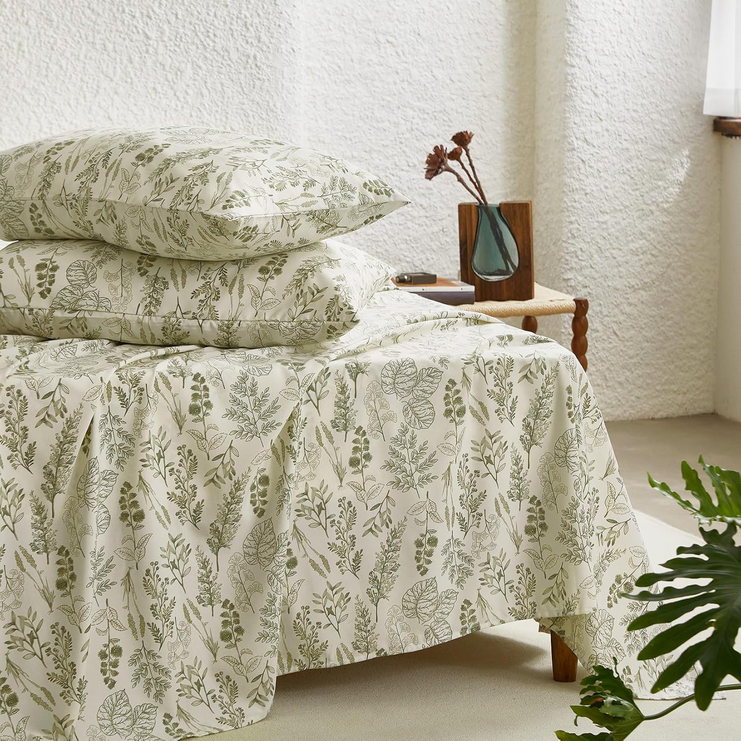 Botanical Bed Sheets, 4-Piece Sheet Set, Floral Shabby Chic Leaves Pattern Printed  Vintage Aesthetic Bedding, Deep Pocket, Olive Green, Full Size