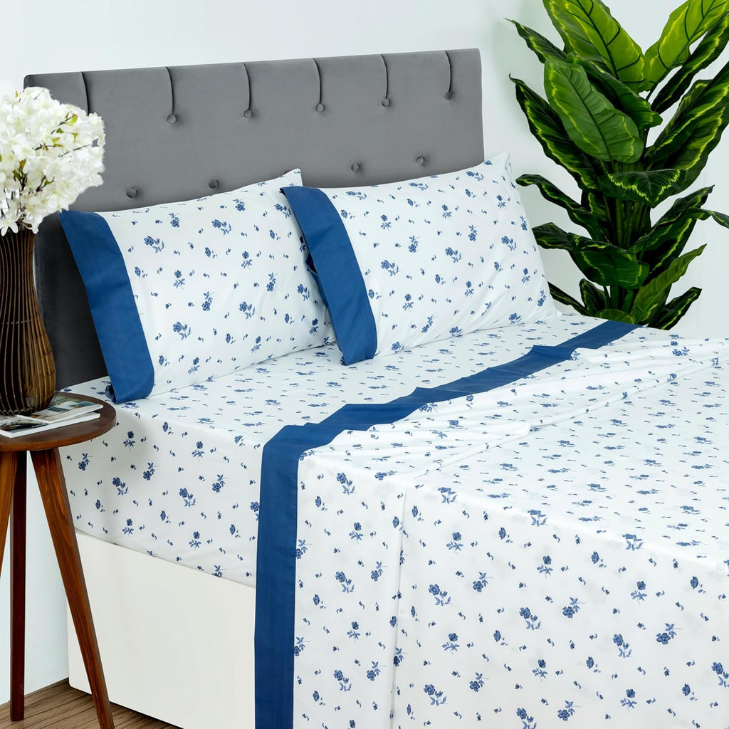 Sheet Set Queen, 4 Pieces Microfiber Sheet Set, Printed Sheet Set with Solid Cuffed Detail,Includes 1 Flat Sheet,1 Deep Pocket Fitted Sheet and 2 Pillowcases,Queen Bed Sheets – Blue Floral
