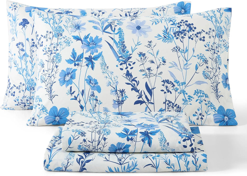 Blue Floral Bed Sheets - 4 Piece Bed Sheet Set - Wrinkle Resistant & Ultra Soft - Fits Mattresses up to 15 Inches Deep (Queen)