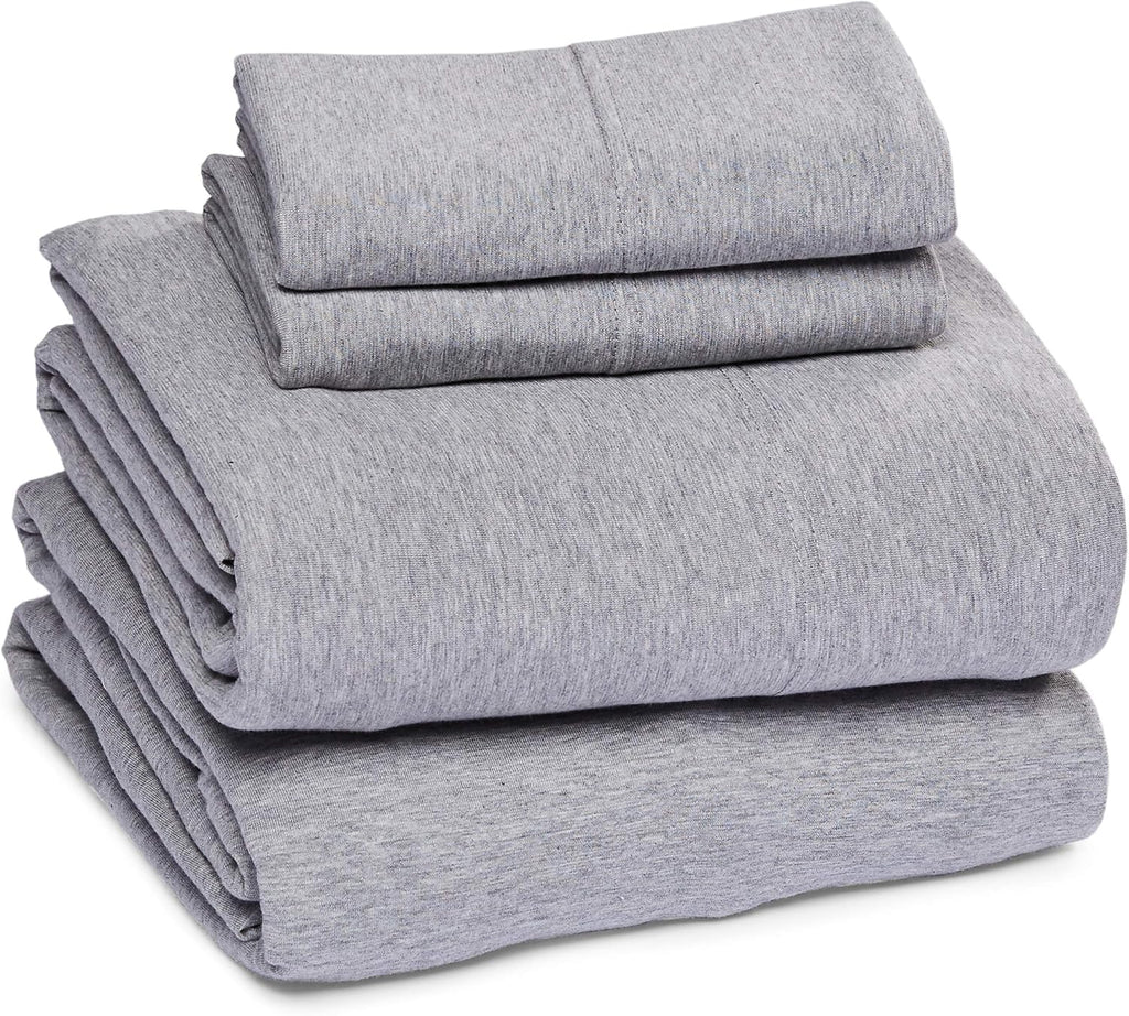 4 Piece Bed Sheet Set, 100% Cotton Jersey, Includes Super Soft, Flat and Fitted Sheets, Pillowcase, Full, Light Gray, Solid