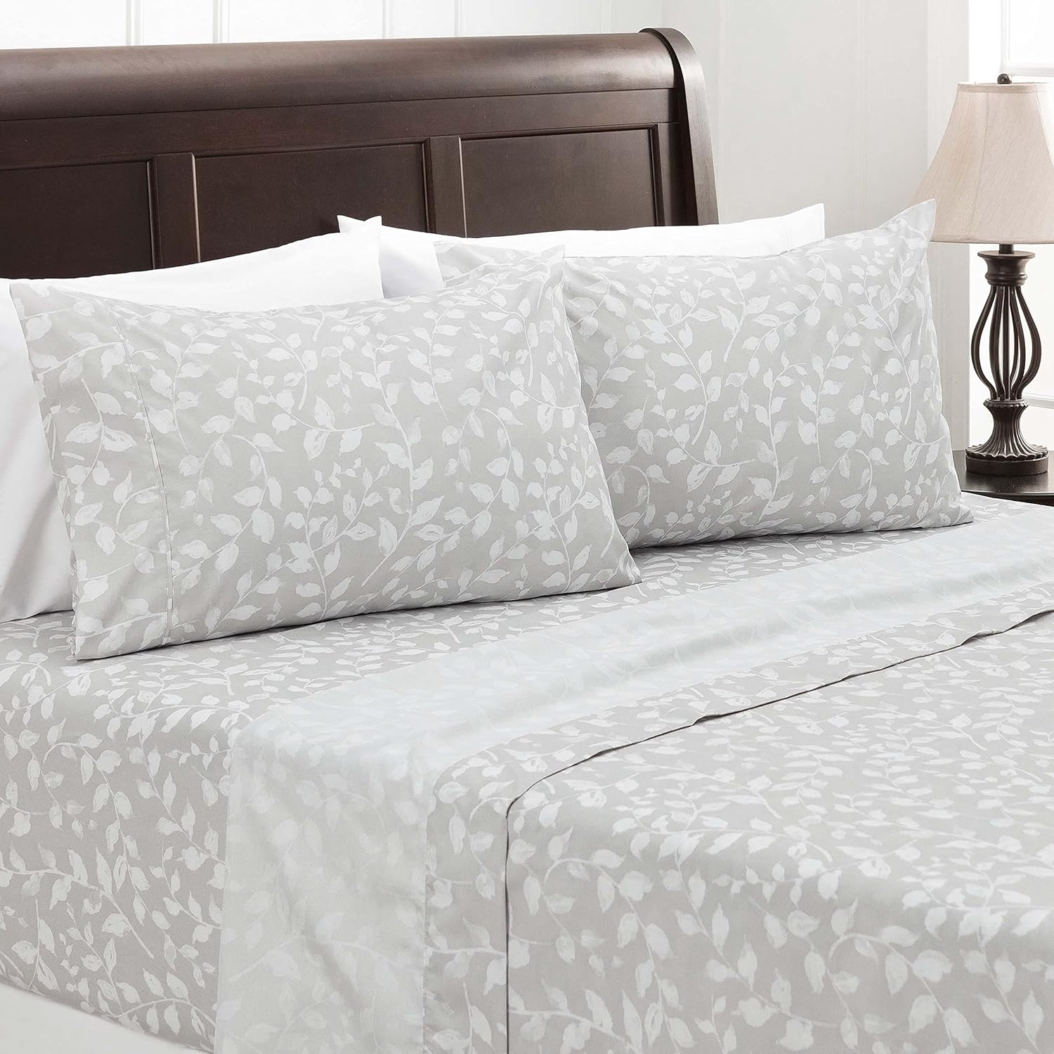 Premium Printed Queen Bed Sheet Set 4-Piece - Soft Floral Leaves Print - 1 Flat Sheet 1 Fitted Sheet 2 Pillowcases - Wrinkle FadeResistant Microfiber Sheets - Gray - Queen