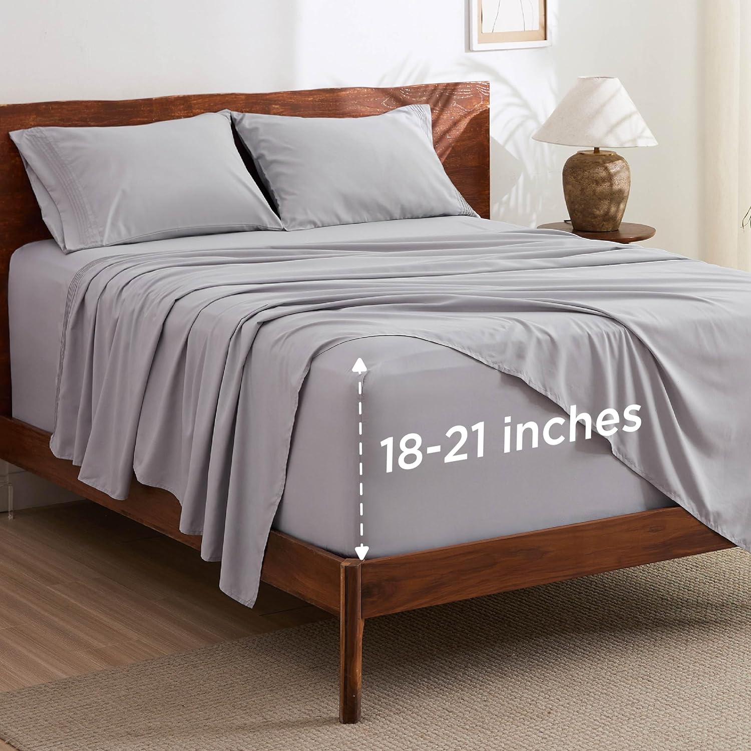 Deep Pocket Queen Sheets Set - Fits Mattresses Up to 21 Inches Thick - 4 Piece  Bed Sheets, Moisture Wicking, Soft & Cooling Bedsheet & Pillowcases, Easy & Secure Fit, Light Grey