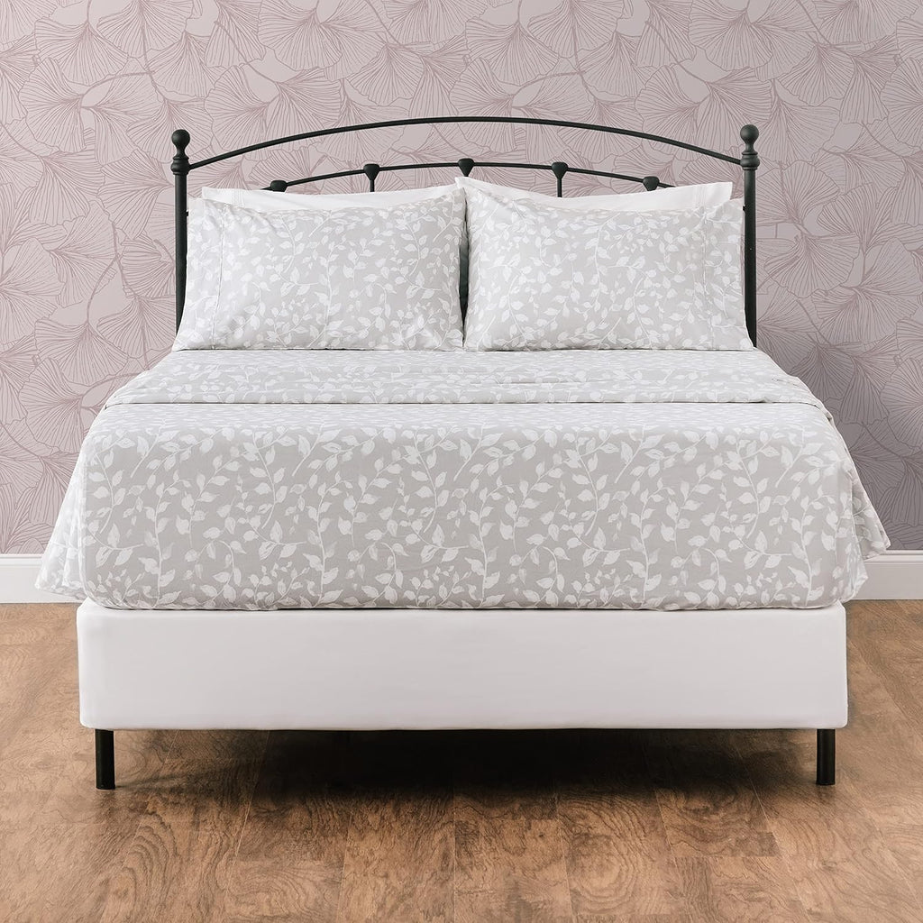 Premium Printed Queen Bed Sheet Set 4-Piece - Soft Floral Leaves Print - 1 Flat Sheet 1 Fitted Sheet 2 Pillowcases - Wrinkle FadeResistant Microfiber Sheets - Gray - Queen