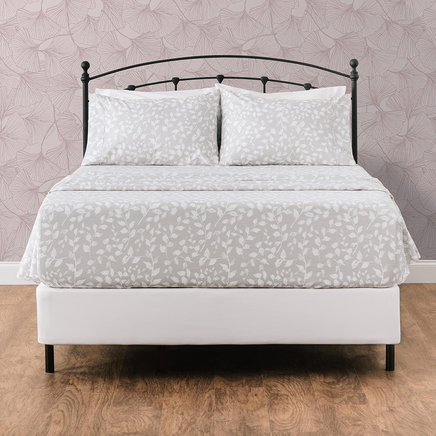 Premium Printed Queen Bed Sheet Set 4-Piece - Soft Floral Leaves Print - 1 Flat Sheet 1 Fitted Sheet 2 Pillowcases - Wrinkle FadeResistant Microfiber Sheets - Gray - Queen