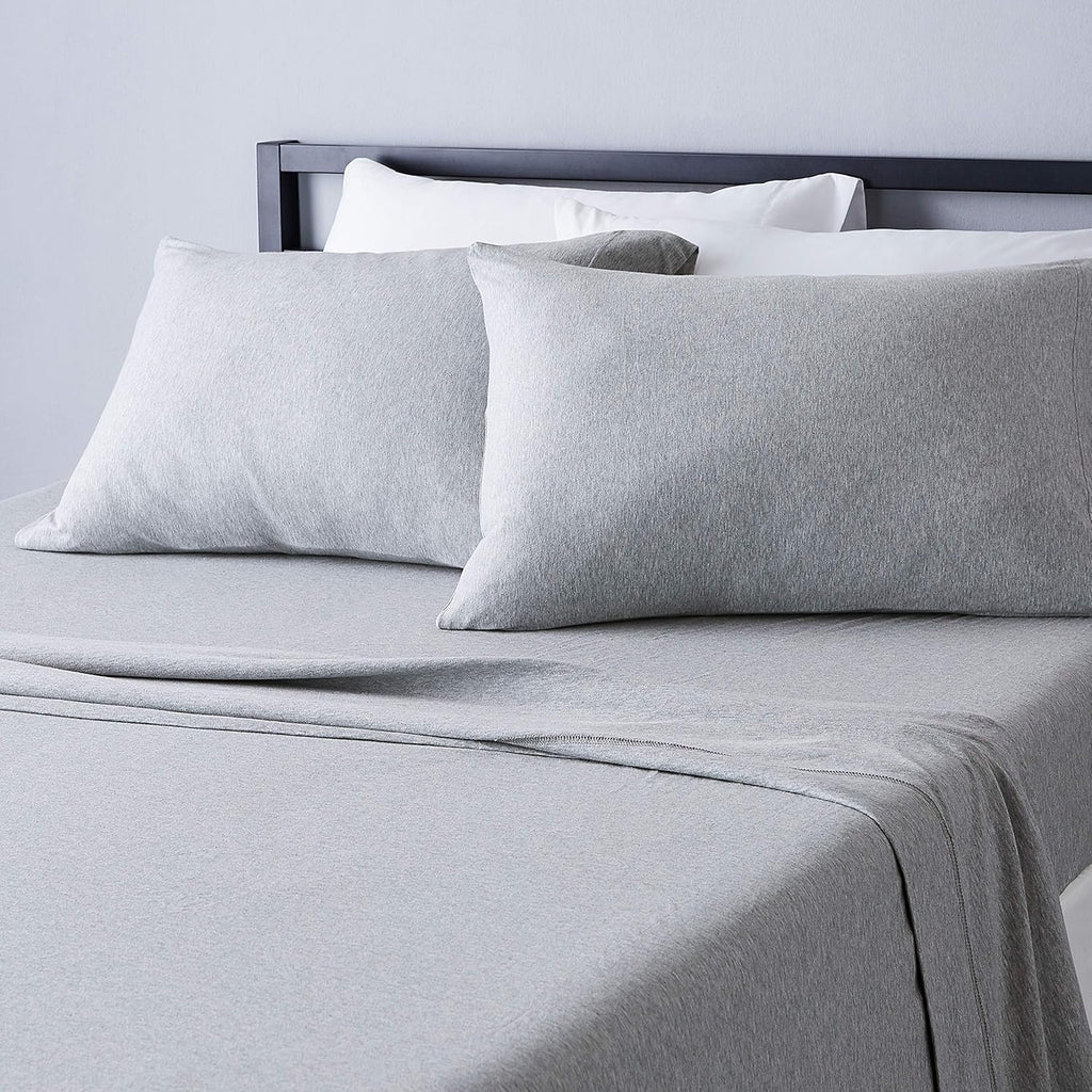 4 Piece Bed Sheet Set, 100% Cotton Jersey, Includes Super Soft, Flat and Fitted Sheets, Pillowcase, Full, Light Gray, Solid