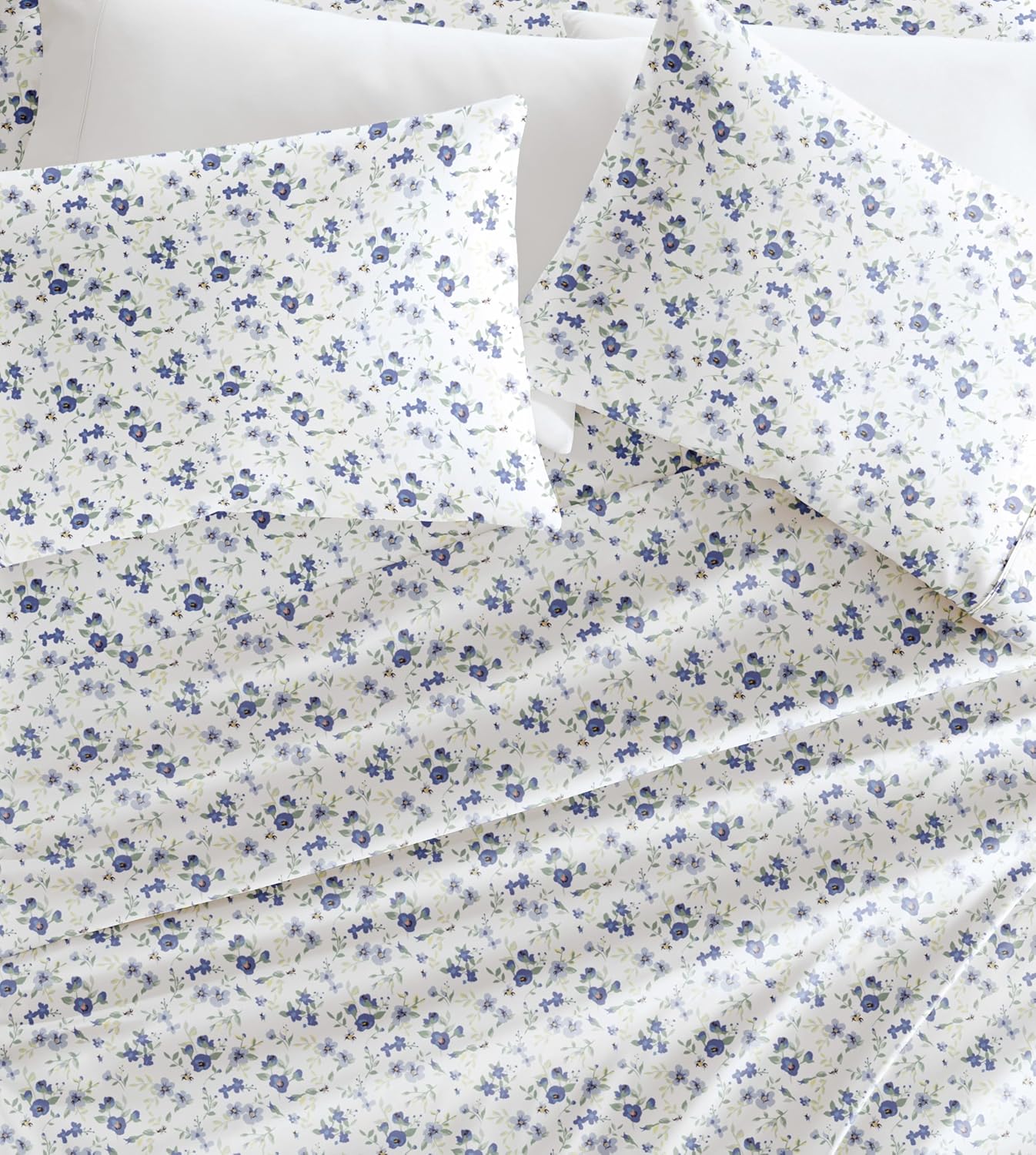 Double-Brushed Patterned Microfiber Queen Sheet Set 4 Piece –  Certified Ultra Soft & Wrinkle-Free - 16" Deep Pocket Sheets - Easy Care Queen Size - Blossoms Light Blue