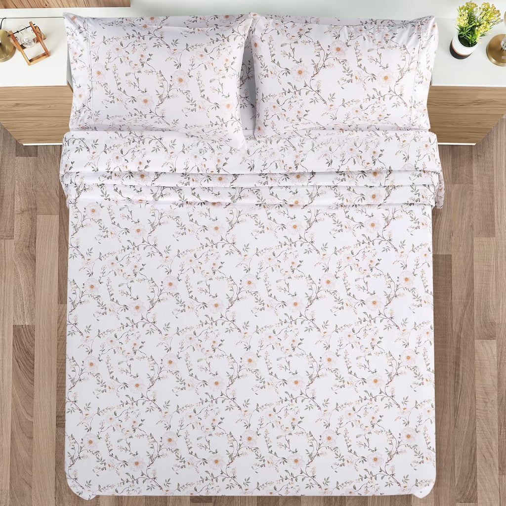 Full Sheet Set, Soft Microfiber 4 Piece Bed Sheets with 15" Deep Pocket - Easy Care Brushed Microfiber (Vintage - Floral)