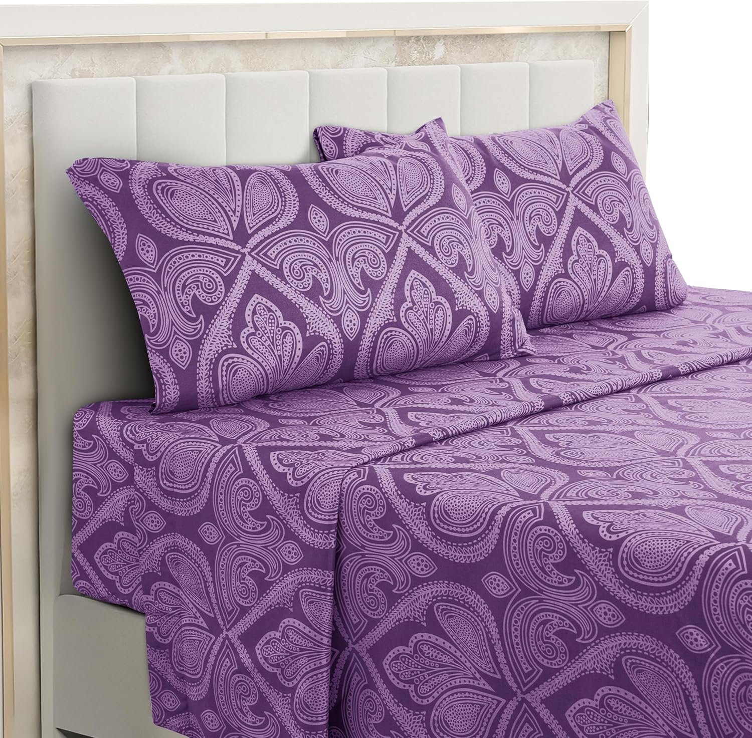 Paisley Queen Sheet Set, 4 PC Soft Microfiber Wrinkle Free Sheets - Luxurious Printed Bed Sheets Includes Flat Sheet, Fitted Sheet with Deep Pockets, & 2 Pillowcases - Purple
