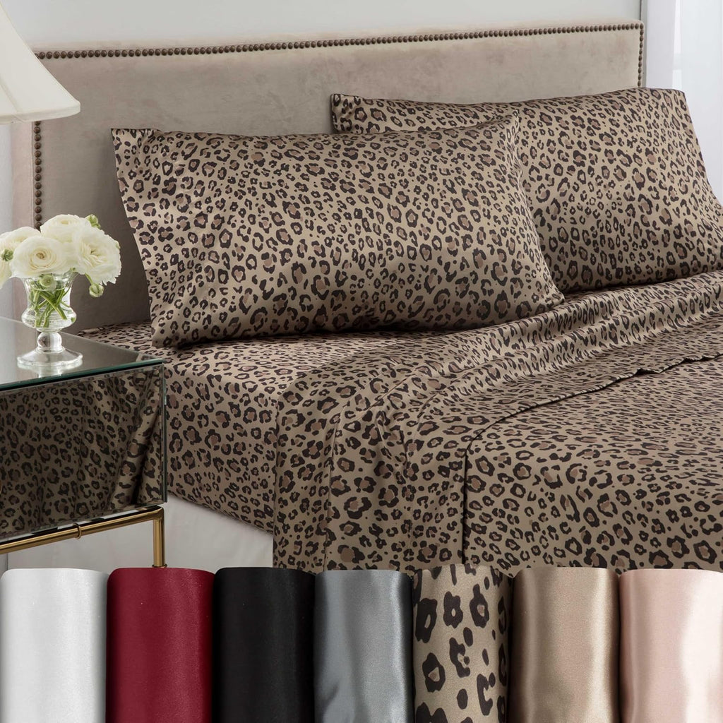 Elegance 4-Piece Satin Sheets - Queen Size Luxury Hotel Quality Set - Leopard Print, Silky Soft & Smooth