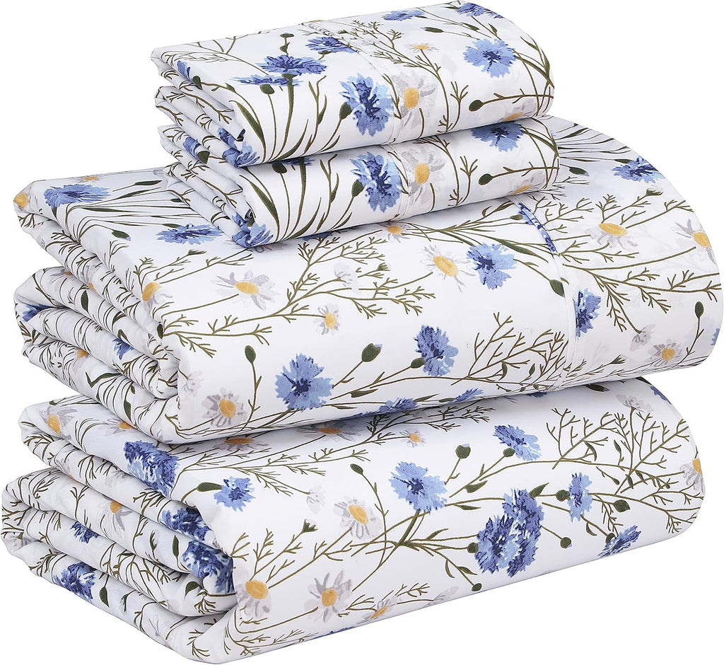 100% Cotton Sheets Queen Size Set, 4 Pieces, Soft & Breathable Percale Weave Bedding, Deep Pocket 16", Hotel Standard, Crisp Cool Feeling, Durable, Perfect Floral Bed Sheet, Sweet Pea