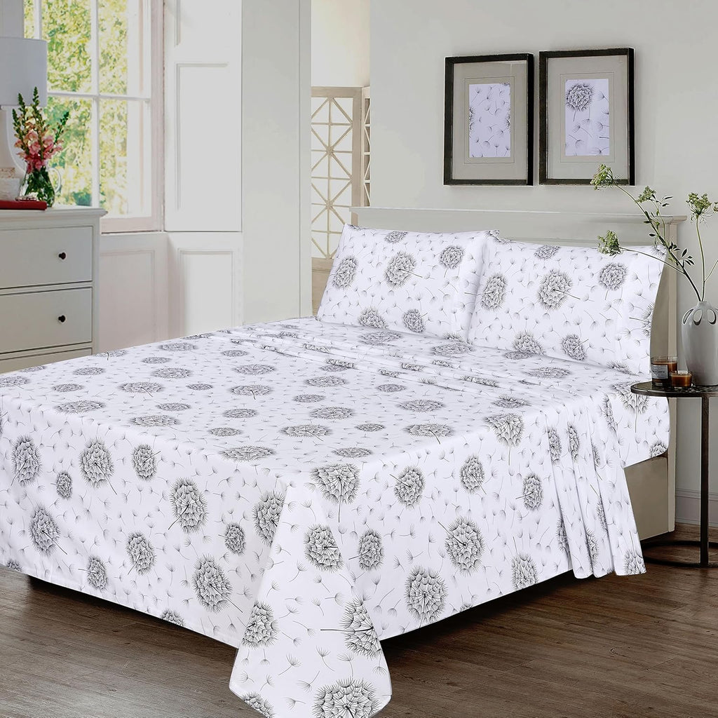 100% Cotton Sheets Queen Size Set, 4 Pieces, Soft & Breathable Percale Weave Bedding, Deep Pocket 16", Hotel Standard, Crisp Cool Feeling, Durable, Perfect Floral Bed Sheet, Dandelion