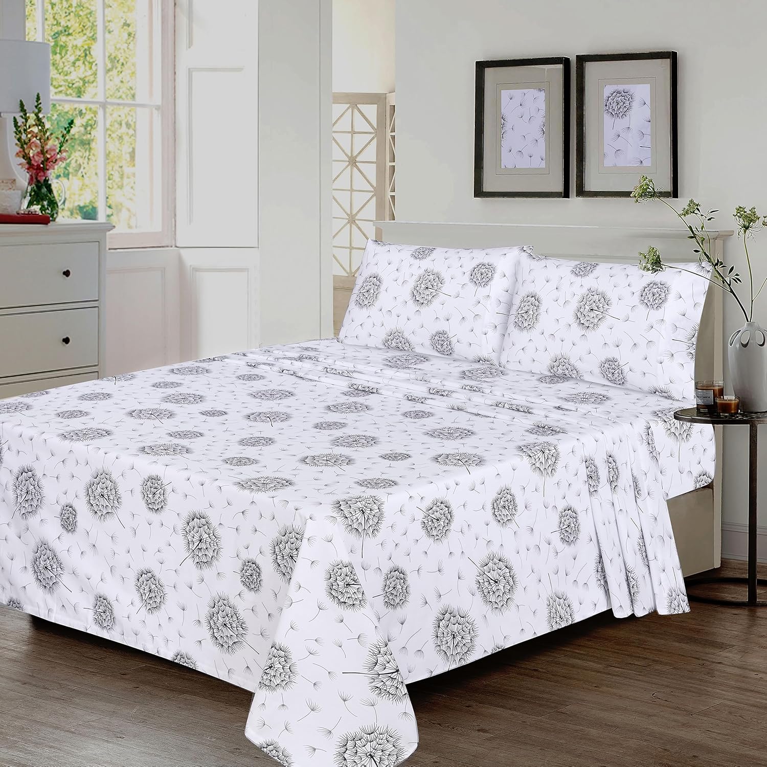 100% Cotton Sheets Queen Size Set, 4 Pieces, Soft & Breathable Percale Weave Bedding, Deep Pocket 16", Hotel Standard, Crisp Cool Feeling, Durable, Perfect Floral Bed Sheet, Dandelion