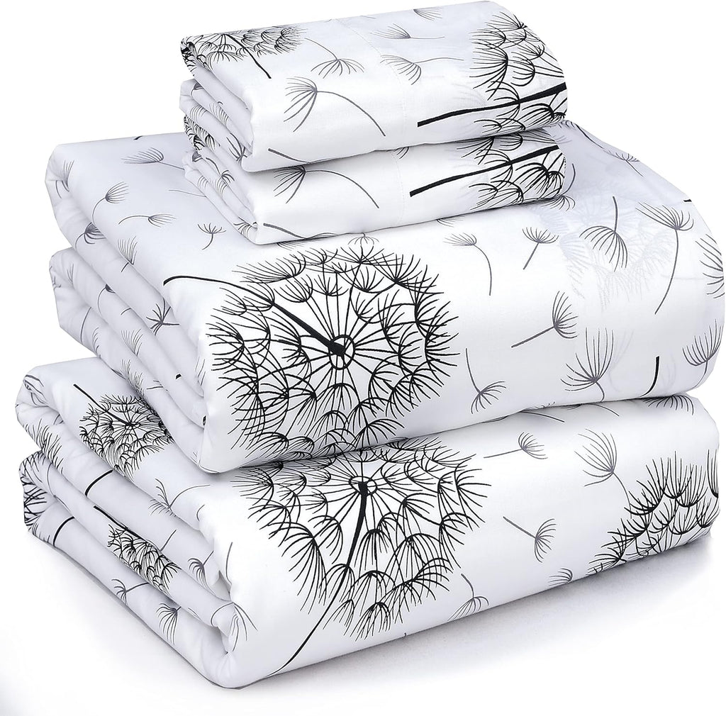 100% Cotton Sheets Queen Size Set, 4 Pieces, Soft & Breathable Percale Weave Bedding, Deep Pocket 16", Hotel Standard, Crisp Cool Feeling, Durable, Perfect Floral Bed Sheet, Dandelion