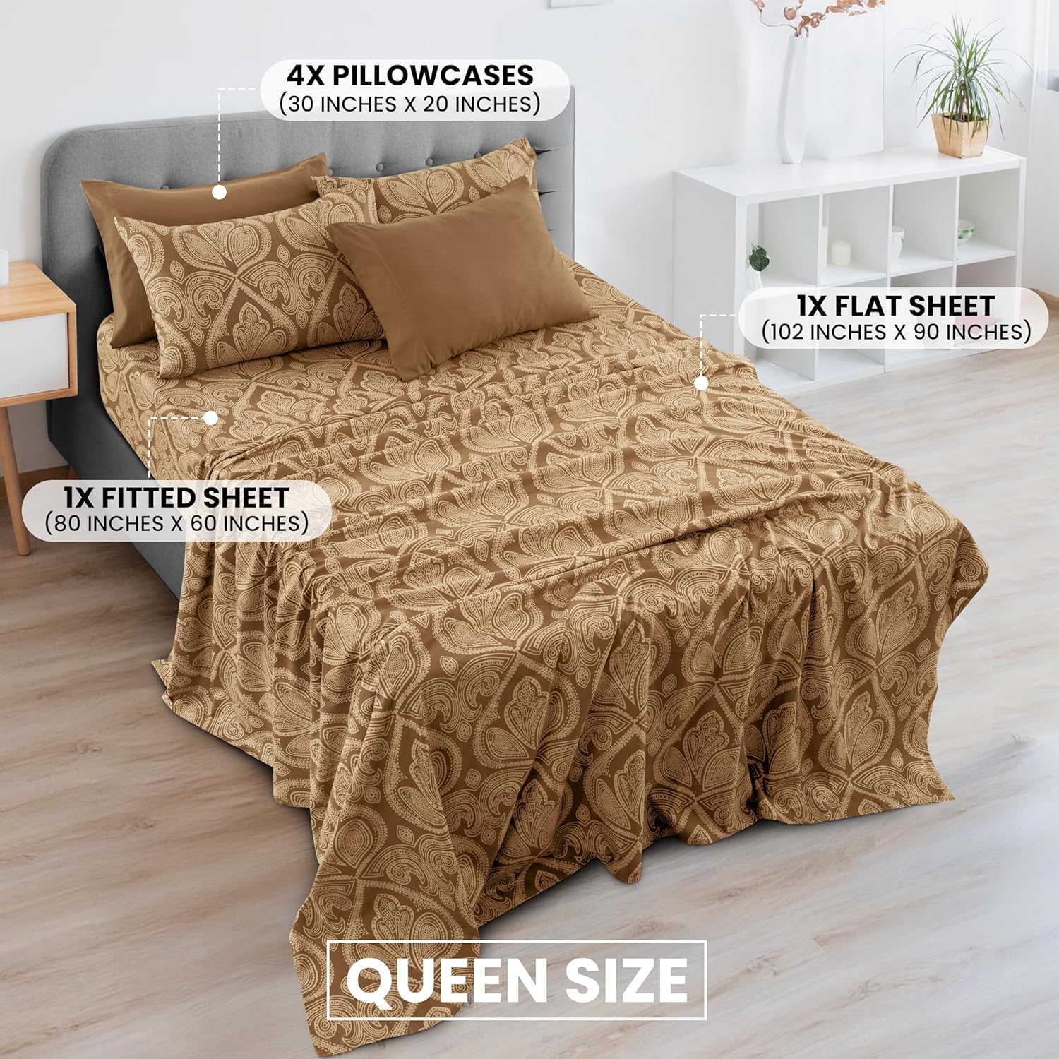 Paisley Queen Sheet Set – 6 Piece Ultra-Soft Microfiber Bed Sheets with Flat Sheet, 16 Inches Deep Pocket Fitted Sheet & 4 Pillowcases, Breathable, Bedroom Decor, Oeko-TEX – Brown