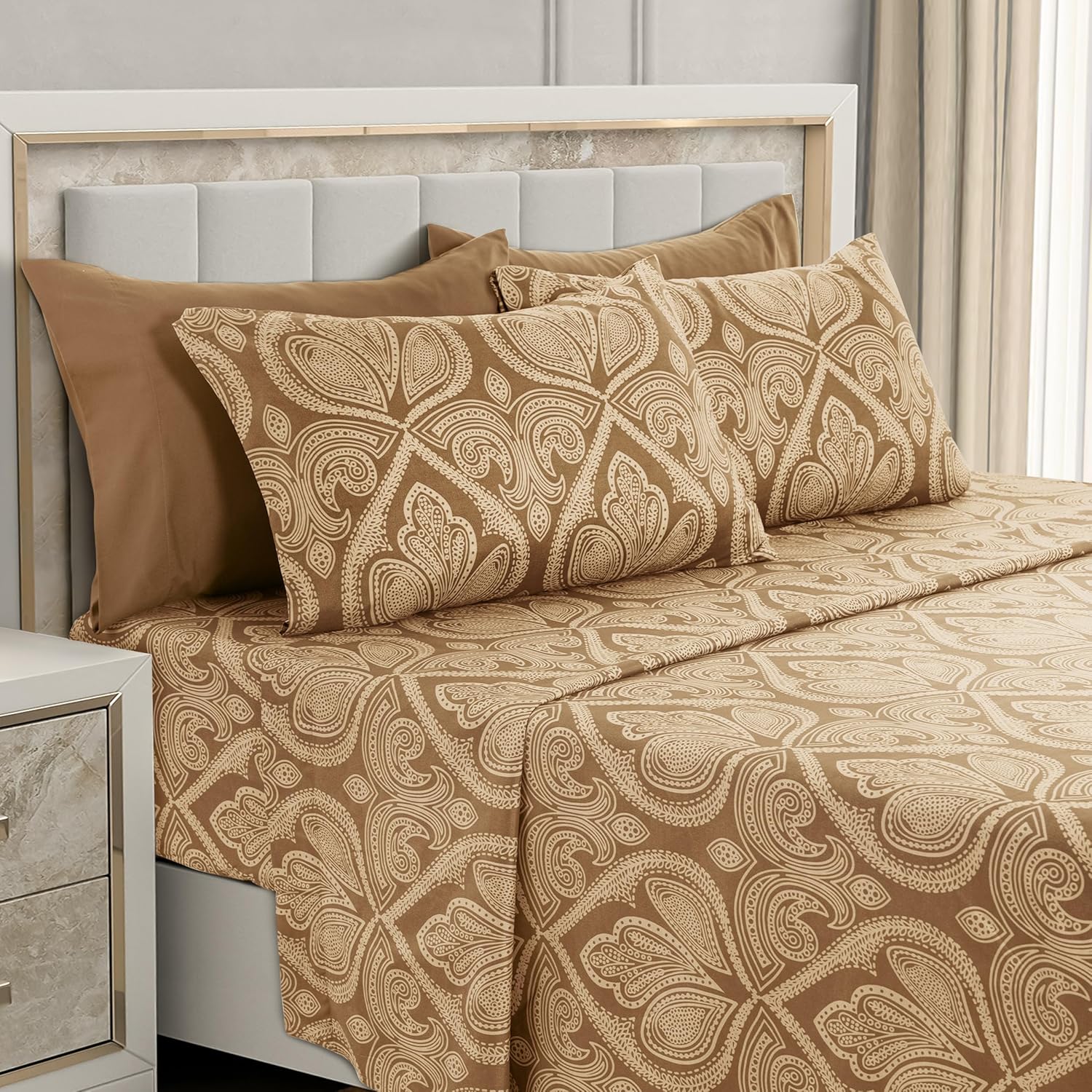 Paisley Queen Sheet Set – 6 Piece Ultra-Soft Microfiber Bed Sheets with Flat Sheet, 16 Inches Deep Pocket Fitted Sheet & 4 Pillowcases, Breathable, Bedroom Decor, Oeko-TEX – Brown