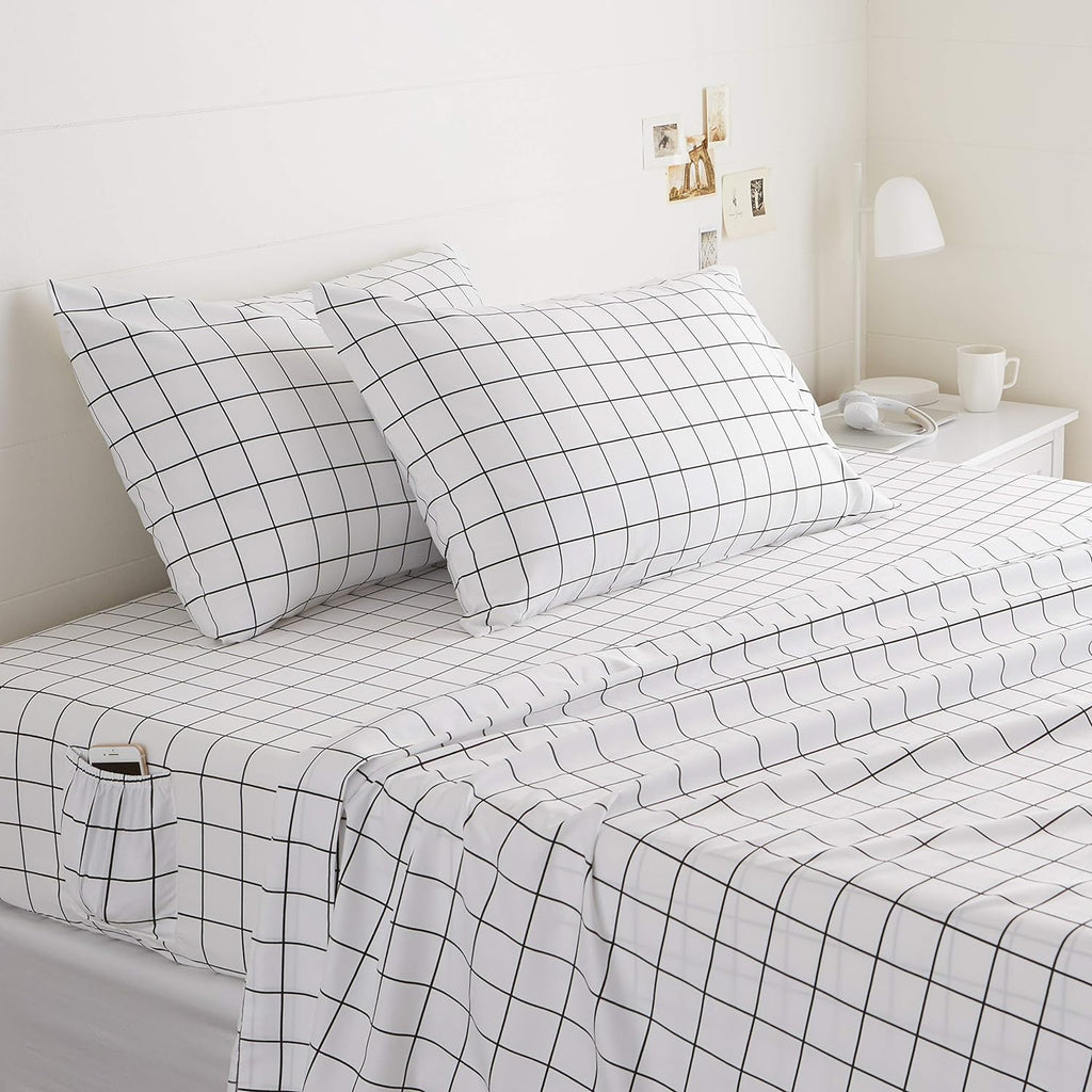 Soft Microfiber 4-Piece Bed Sheet Set with Elastic Side Pockets, Full, Black Grid, Geometric