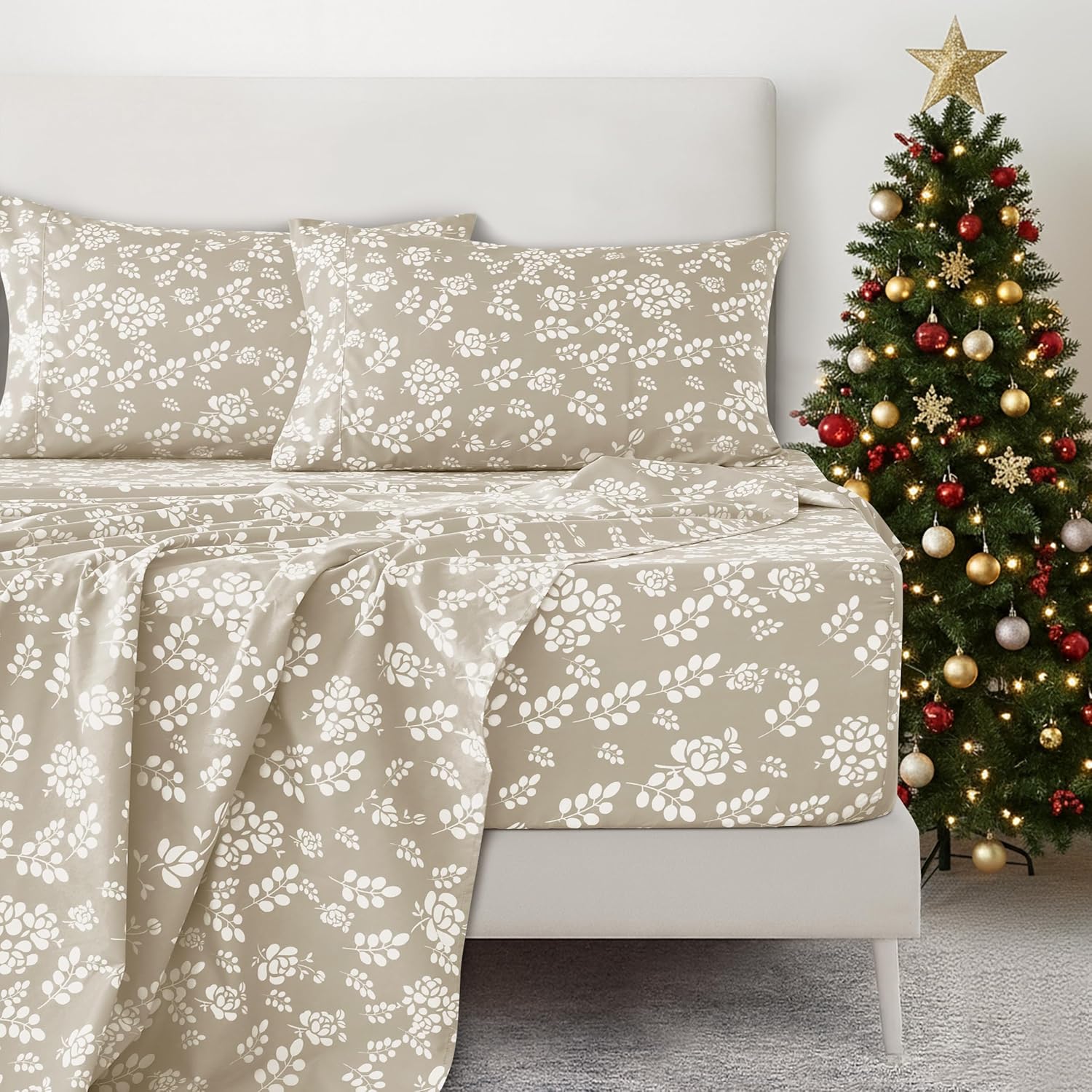 Floral Queen Sheet Set - 4 Piece Ultra-Soft Microfiber Bed Sheets with Flat Sheet, 16 Inches Deep Pocket Fitted Sheet & Pillowcases, Breathable, Bedroom Decor, Oeko-TEX - Taupe