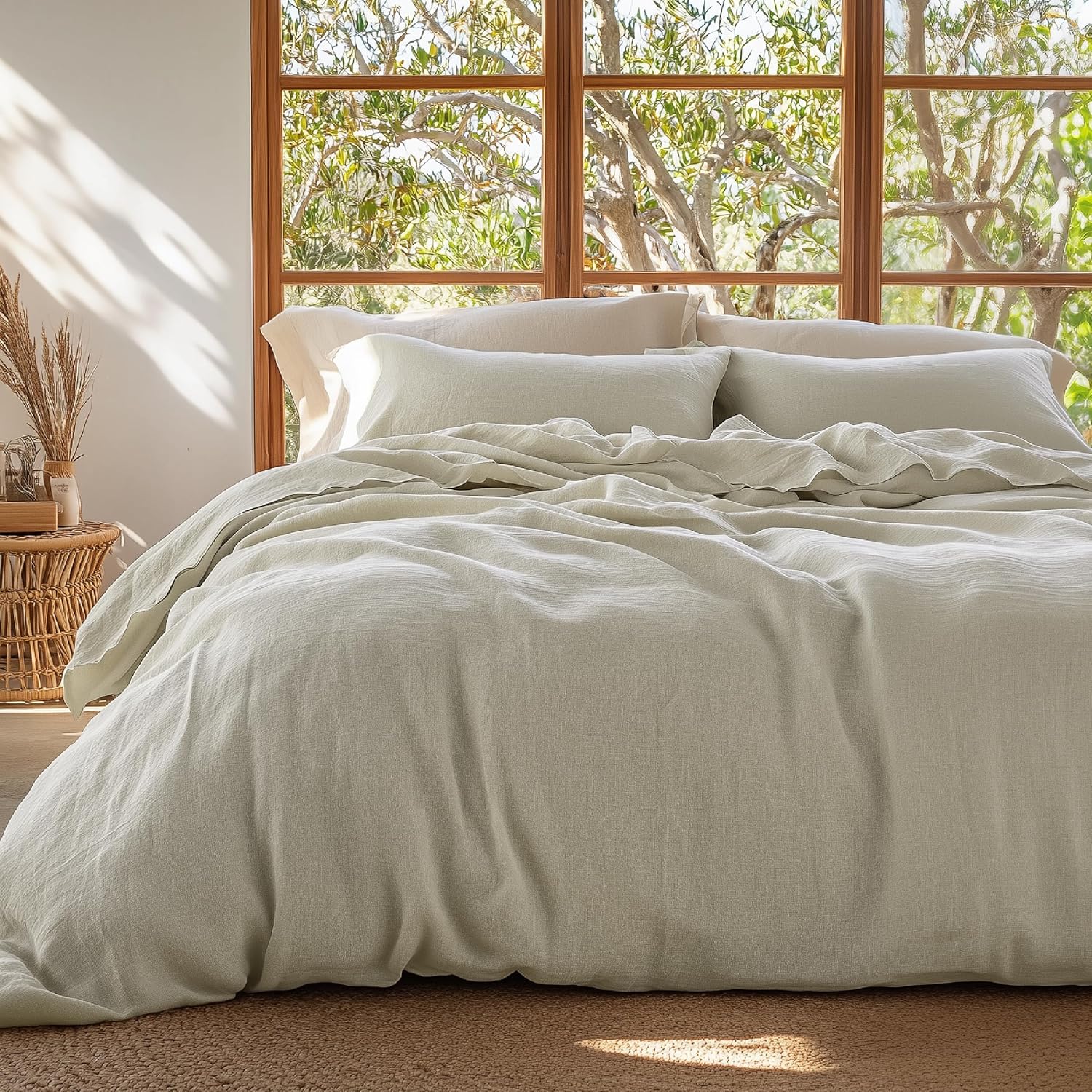 100% Muslin Cotton Duvet Cover Queen Size - Ultra-Soft, Breathable & Lightweight - Linen Like Gauze Comforter Cover Set with Button Closure and Corner Ties (Linen, Queen, 90"x90")