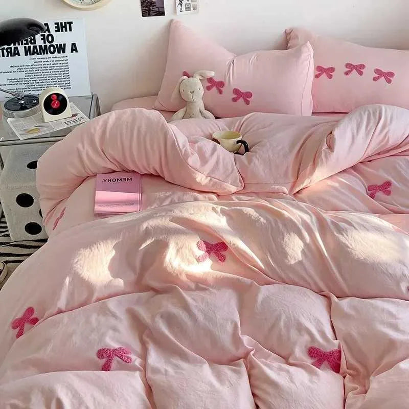 Cute pink Bow Down 3 Piece Set 3D Embroidery Bedding Set Pink bed set Comfortable Queen comforter Set Soft for girls, kids, teens